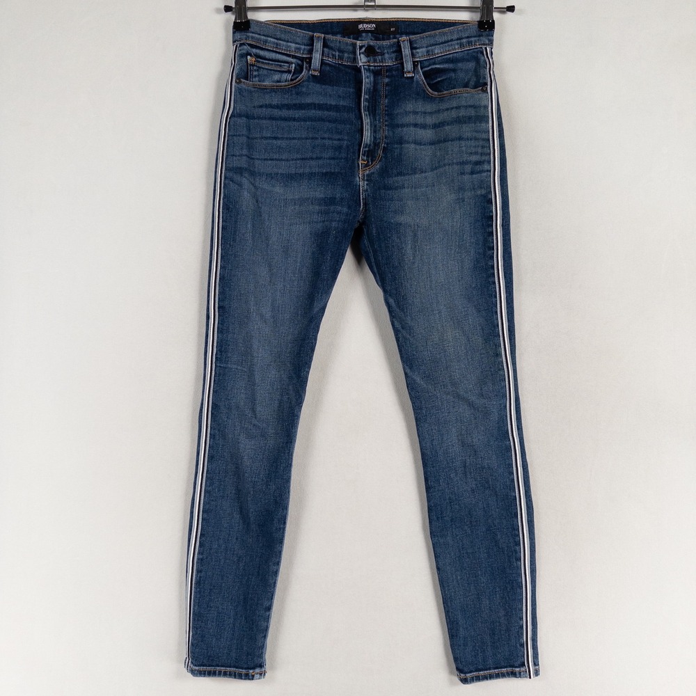 HUDSON Jeans Sz 27 Blue Side Stripe Barbara Super Skinny Mid Rise Stretch